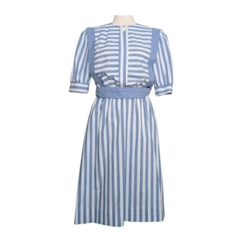 Periwinkle Striped Blue White Dress Women's 8 Vintage 80s Puff Sleeve Twee - Image 2 of 4
