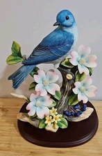 2002 Andrea by Sadek MT. BLUEBIRD Dogwood Figurine With Wooden Base #9744 EUC