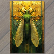 Art Print Green Bug Wings Insect Cyber Circuit Pattern Stained Glass Tech Glow