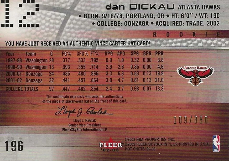 2002-03 Fleer Hot Shots Vince Carter ROOKIE HATS OFF Player-Worn HAT #/350 - Image 2 of 2