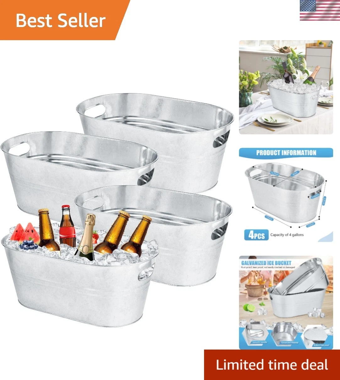 4 Pack 4 Gallon Galvanized Ice Buckets Metal Champagne Drink Cooler Storage I...