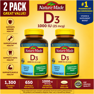 2 Pack Nature Made Vitamin D3 25 mcg. 1000 IU 650 Softgels
