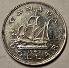 Canada, Dollar, 1949, Almost Uncirculated, Newfoundland, Ship, .6 Ounce Silver