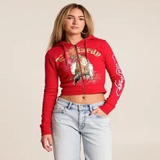 Ed Hardy Women's Tiger Mountain Zip Y2k Front Cropped Hoodie RED 555592 NWT