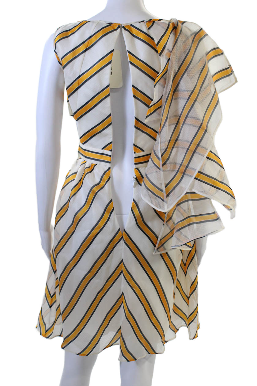 Fendi Women White Striped Fit & Flare Dress Crew Neck Zip Silk Blend Size S thumbnail 4