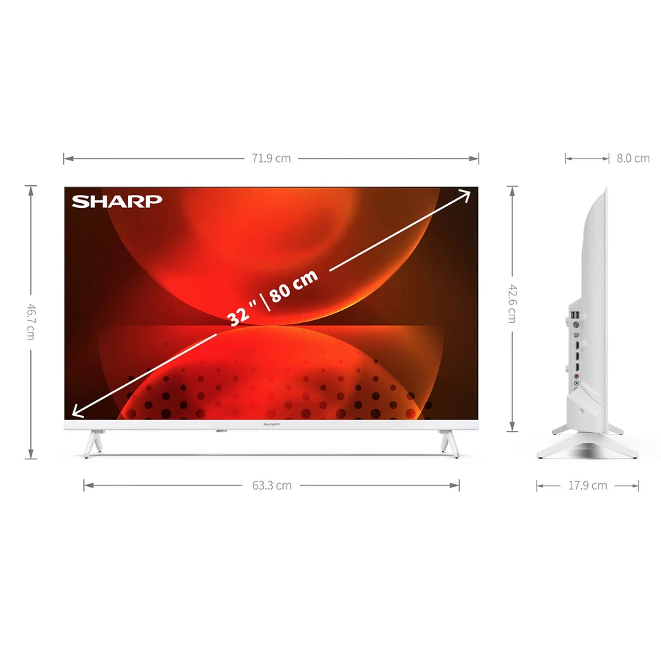 Smart TV Sharp Aquos 32" HD Frameless Android TV DVB T2 WiFi HDMI Bianco 32FH2EW - Immagine 4 di 4