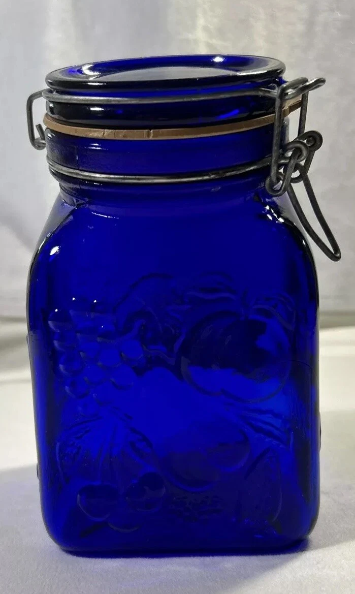 Italian Farm's Products Produits De Campagne 7" Cobalt Blue Lidded Mason Jar VTG