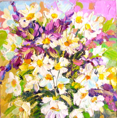 Gänseblümchen Original Ölgemälde Blumen Wandkunst montiert Dekor Karton 4x4 cm