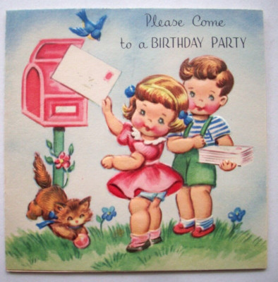 Children mail invite kitten bluebird emboss vintage Birthday greeting card *KK12