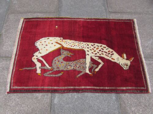 Vintage traditioneller handgefertigter orientalischer Gabbe Wolle roter Teppich 125x85 cm Tier - Bild 1 von 9
