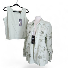 C.b. Studio 100% Linen Tank Jacket Set Women's L Green Embroidered Floral Nwt