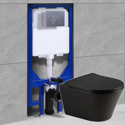 Komplettset Matt Schwarz Spülrandlos Wand Hänge WC Toilette / Vorwandelement Set