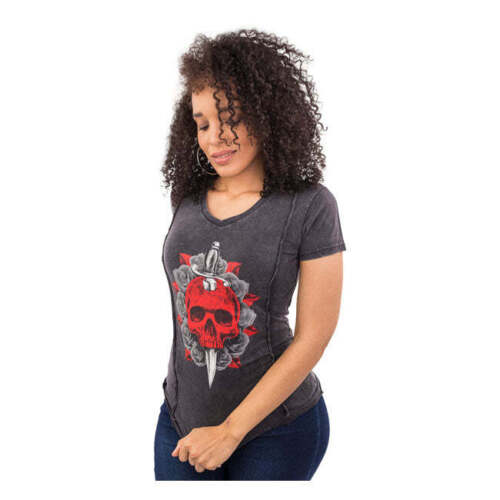 Lethal Threat Angel Red Dagger Ladies T-Shirt Dark Grey - Picture 1 of 4