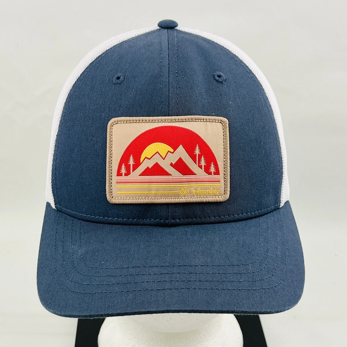 Columbia Trucker Hat Mountain Logo Patch Blue White Mesh Adjustable Cap