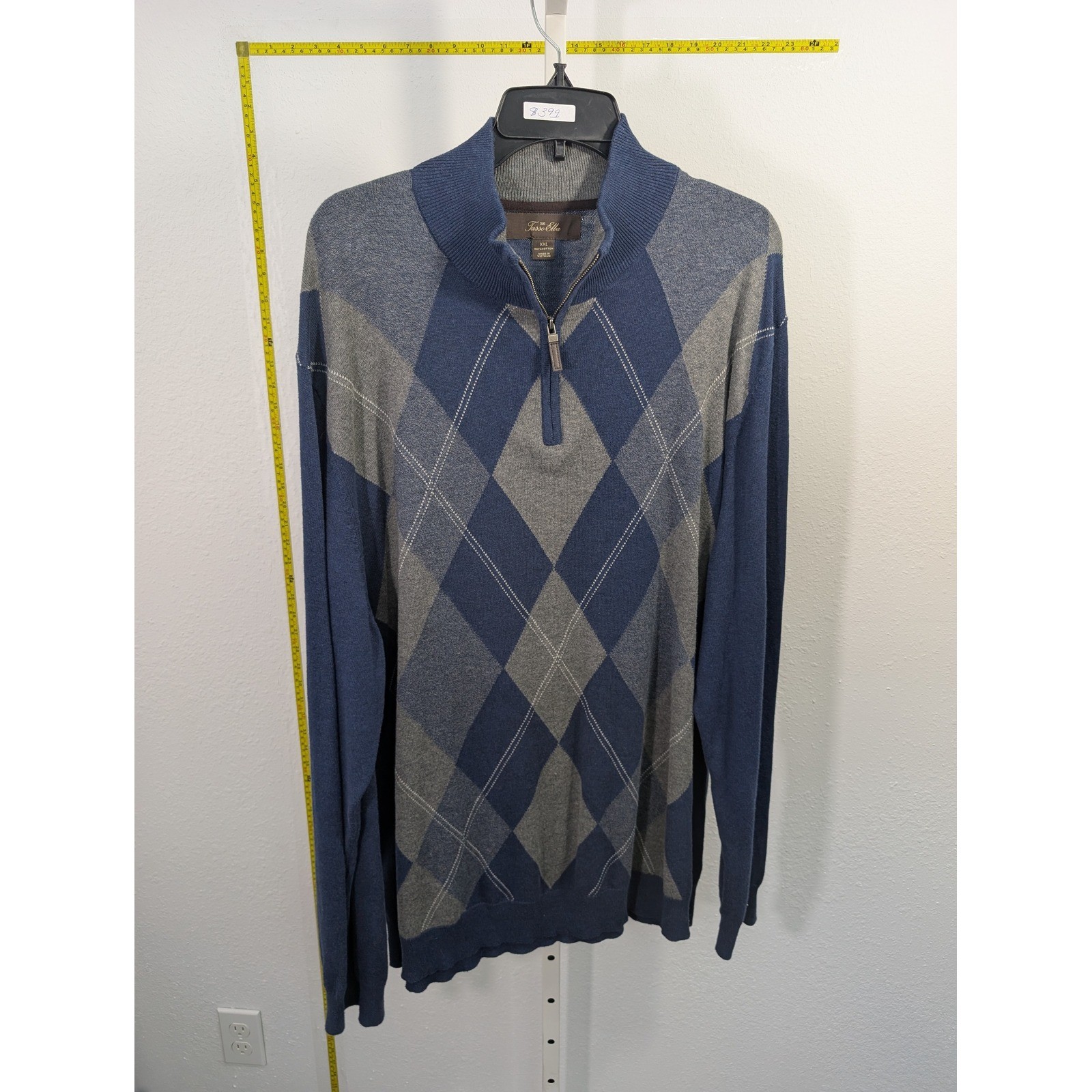 Tasso Elba Mens XXL Blue Grey Argyle 1/4 Zip 100% Cotton Pullover Sweater