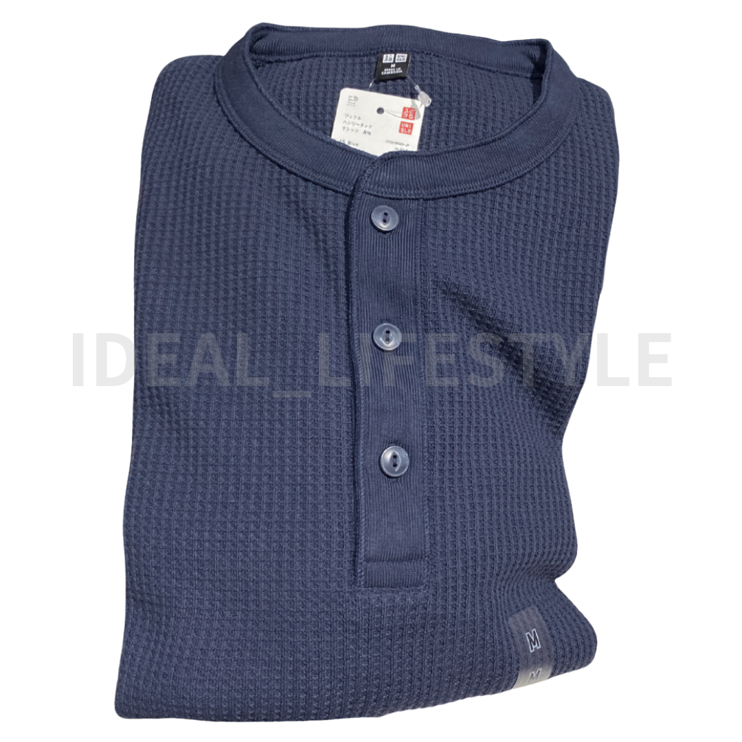 【GRAY】Henry neck waffle L/S Men's Fashion Waffle Henry Shirt Long Sleeve Crewneck Textured