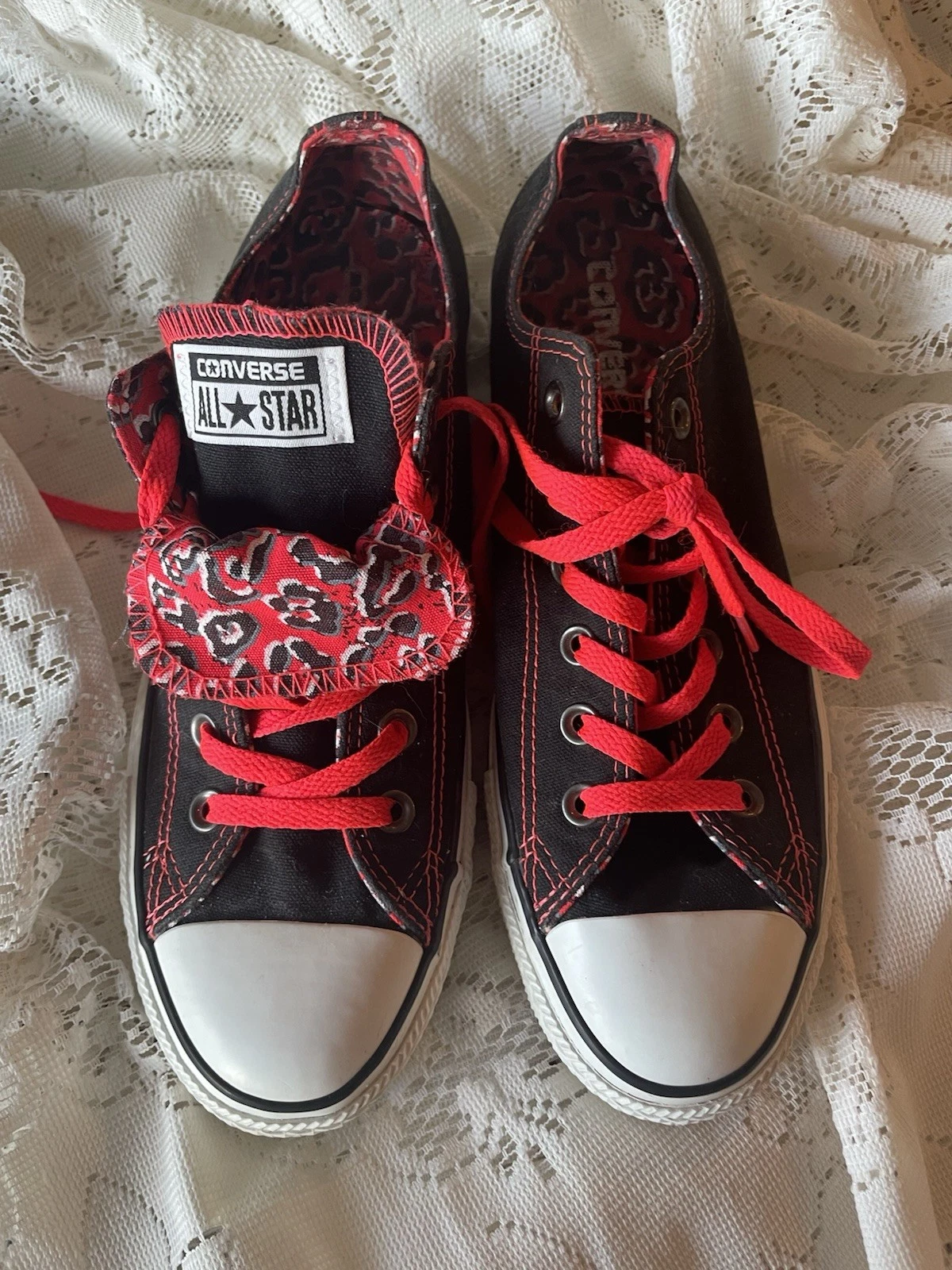 Converse Donna Doppia Lingua 542485F Nero con Rosso Scarpe Sneakers 9 40 Animal Prin