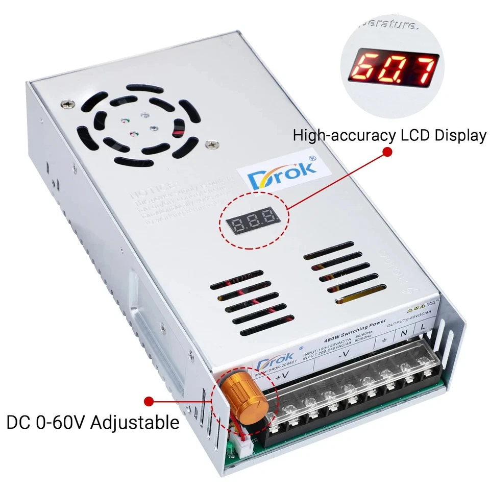 DROK 480W Switching Power Supply AC 110V/220V to DC 0–60V 8A Buck Converter - Image 4 of 4