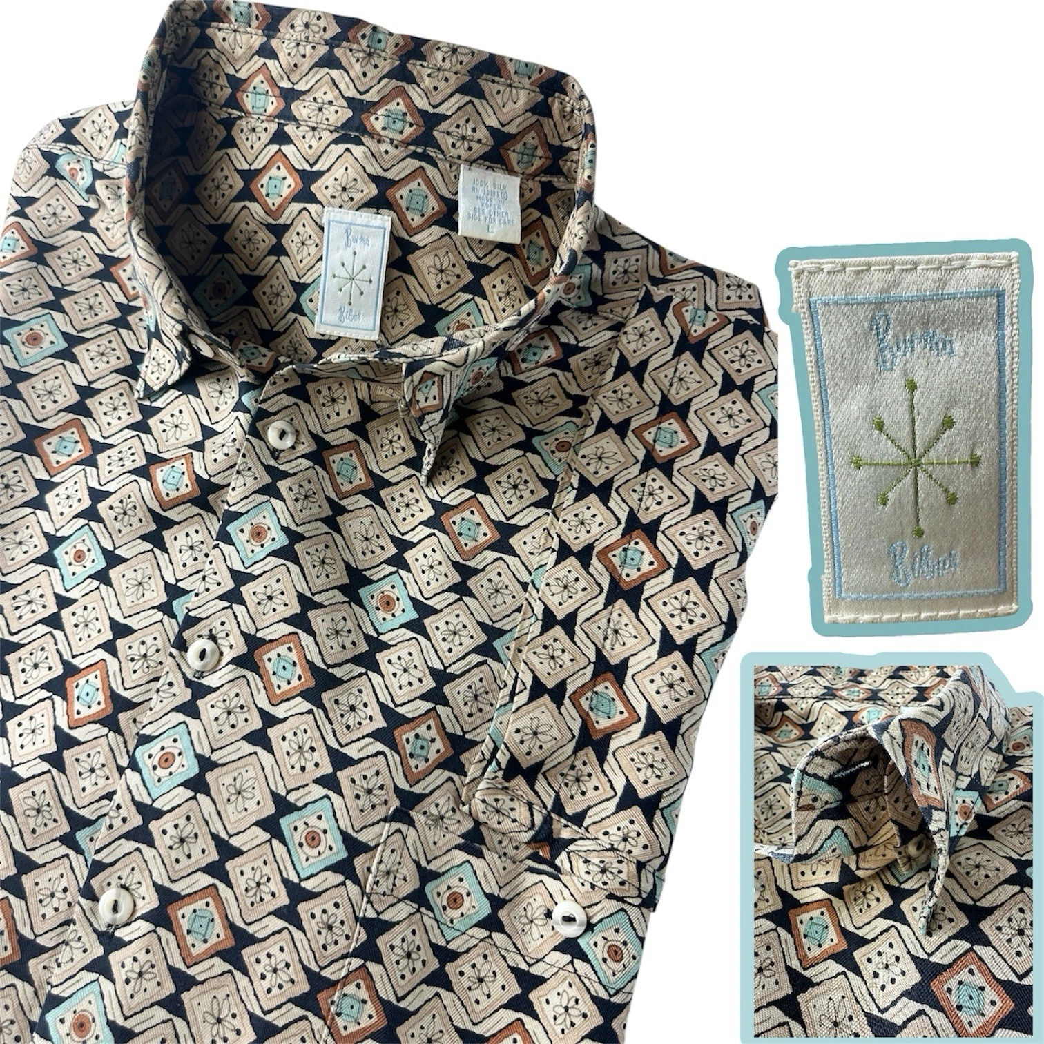 Vtg Burma Bibas 100% SILK Camp Shirt Large 90's Button Down RETRO Geo MCM Print