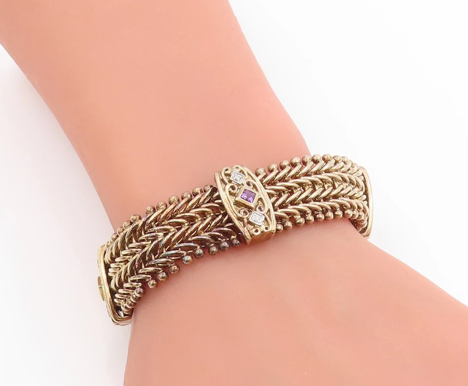 Pulseira vintage de prata esterlina 925 folheada a ouro diamante real e ametista BT11459 - Imagem 3 de 4