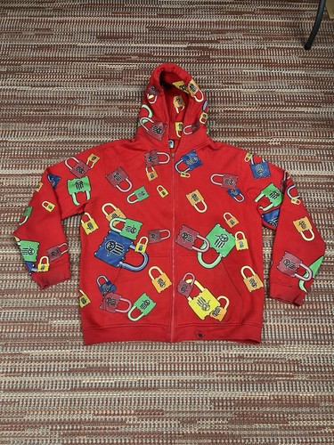 Vintage Y2K Miskeen Lock Full Zip Hoodie All Over Print Size 2XL Red