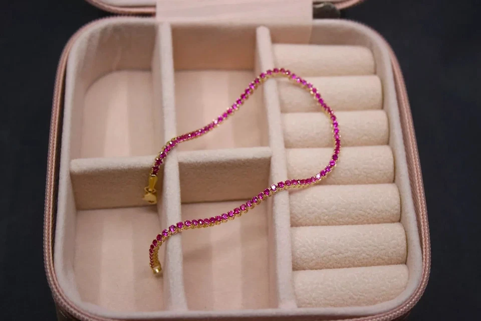7 TCW Round Lab Created Red Ruby Women's Tennis Bracelet 14K Yellow Gold Plated - Image 2 of 4