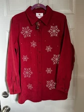 Quacker Factory Christmas Red Shirt Snowflakes Bell Pin Medium Embellished