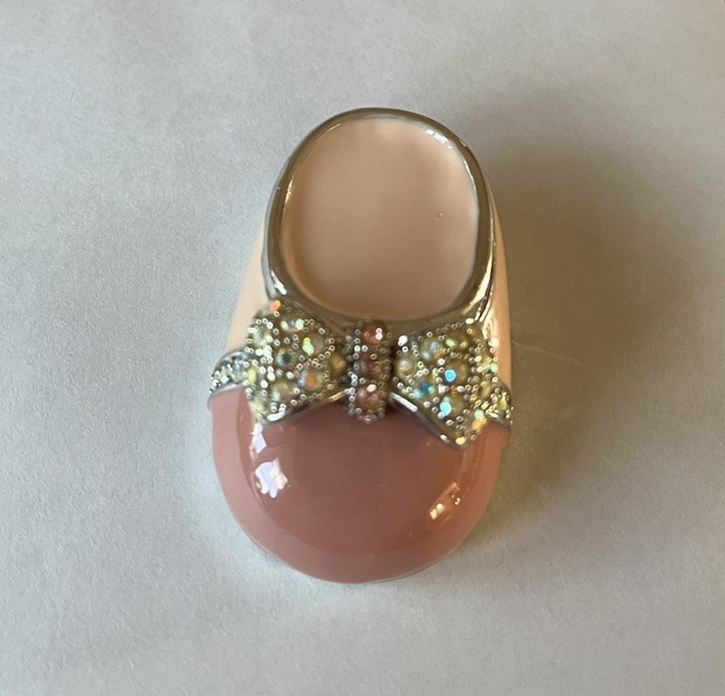 Miniature  Pink Enamel Baby Shoe Hinged  Trinket Box Rhinestone Bow Accents