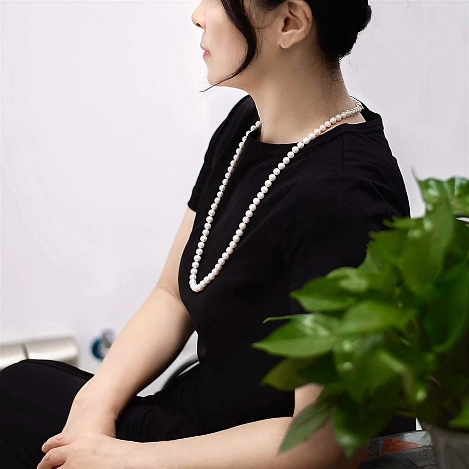 Collar largo 30 pulgadas genuino 8-9 mm redondo de perlas blancas cultivadas de agua dulce Foto 2 de 4