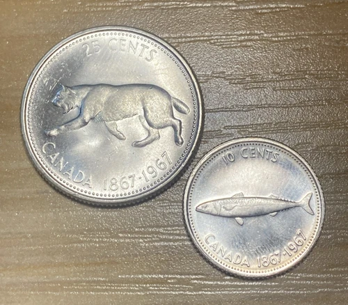 2 Canadian Silver 1967 Coins- Mint State/Proof Like Coins (25 & 10 Cents)