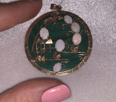 Vintage 14Kt Gold Pendant Necklace Fire Opal Rare Collectible 3900$  Malachite