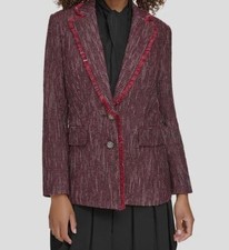 Karl Lagerfeld Women's Red Tweed Trim Notch-Lapel Blazer Jacket Size 12