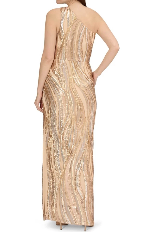 Adrianna Papell 金色单肩亮片柱正式礼服全新 14 — 第 3/4 张图片