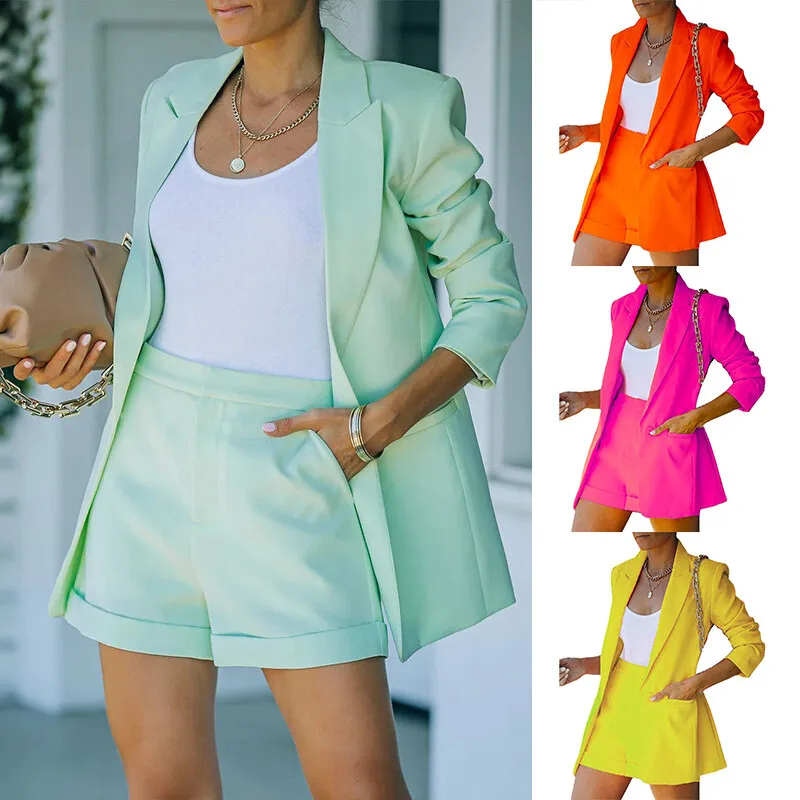 Women Ladies Blazer Suit Co-ord Set Jacket Crop Top Shorts Office Work Suit