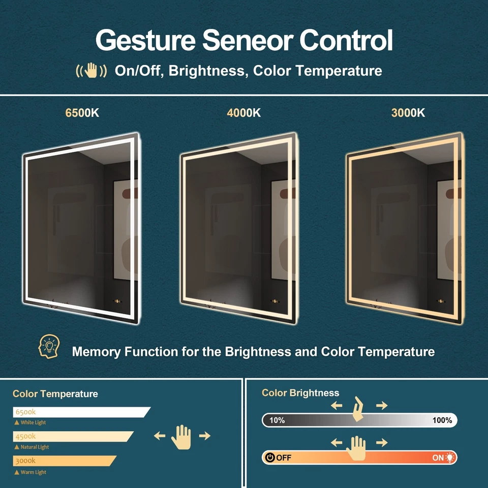 Espejo LED para Baño, Espejo Iluminado Montado en Pared, Control por Gestos, Sin Marco Foto 3 de 4