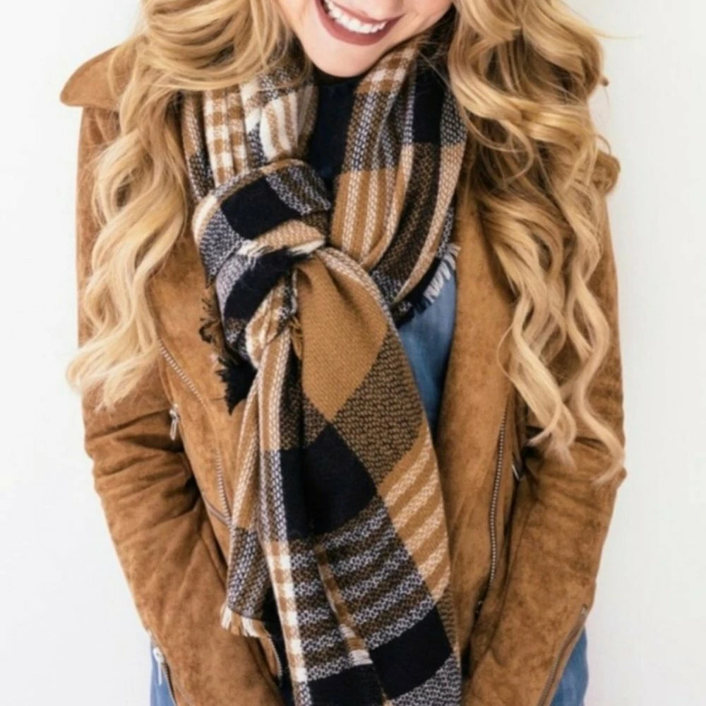 MODCLOTH Tan Black Cream Plaid Raw Fringe Hem Edge Blanket Scarf