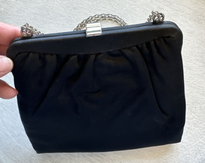 Vintage 1950's Black Fabric Clutch Evening Bag Purse Admiral Clasp