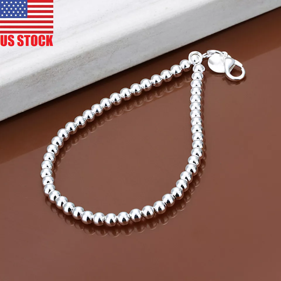 925 Sterling Silver Love Cuff Bead Ball Open Bangle Charm Bracelet Jewelr Womens