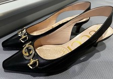 Authentic Gucci Black Kitten Pumps Sling Back Shoes With Gold Silver Logo Buckle