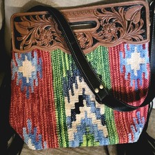 Genuine Wool Saddle Blanket Southwestern Aztec Purse Hand Tooled Leather Fringe.