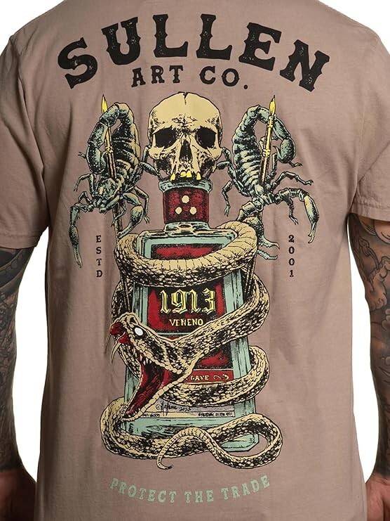 T-shirt Uomo Teschio E Serpente Con Rose – Stile Tatuaggio, 100% Cotone, Gildan G5000 Heavy - Foto 6