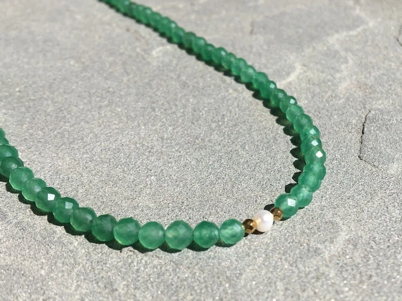 A++ Dainty Green Aventurine & Peral Faceted Round Gemstone Beaded Necklaces 18'' - Image 3 of 4