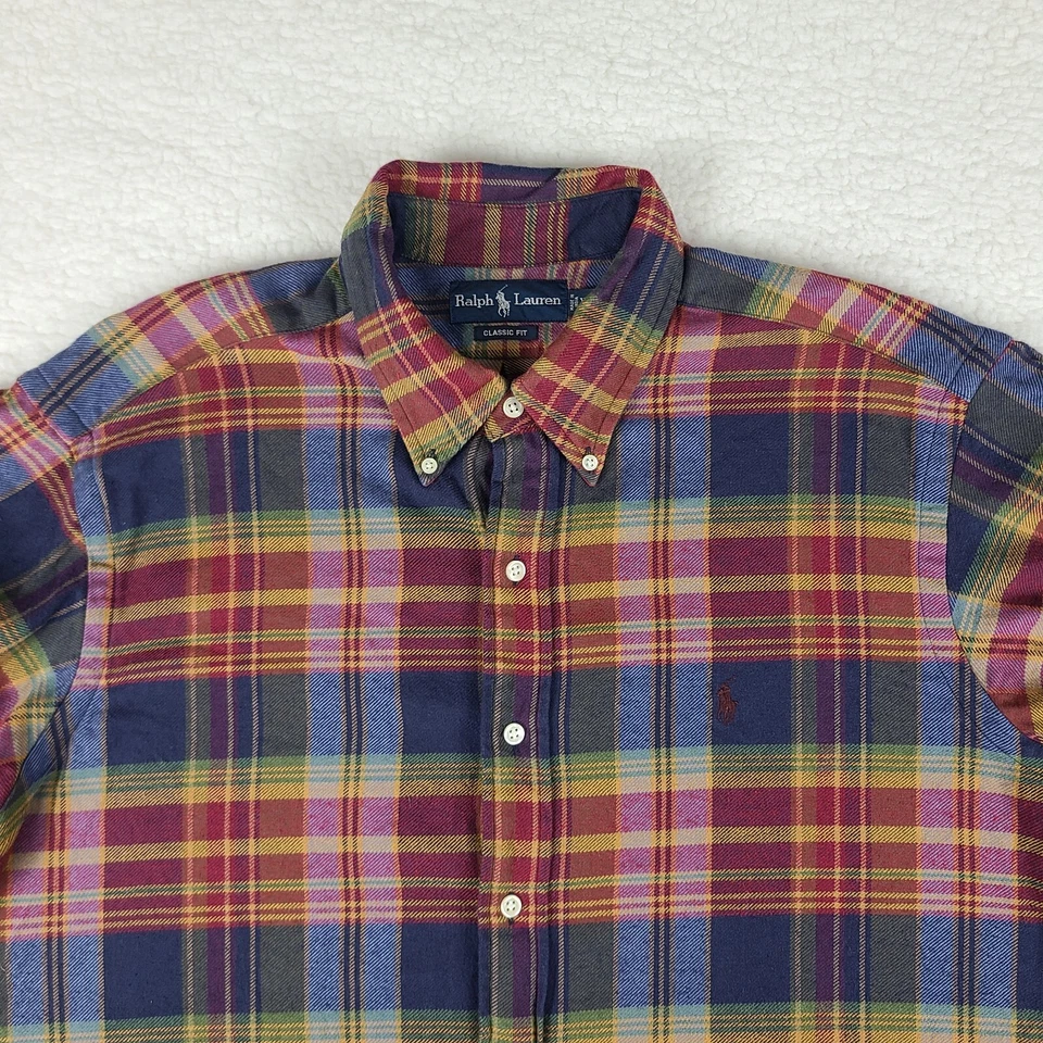 Camisa Polo Ralph Lauren Franela Hombres XL Azul Verde Rojo Amarillo A Cuadros Abotonada De Colección Foto 3 de 4