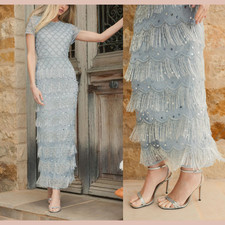 NWT Mac Duggal [ 6 ] 94077 Fringe Embellished Mesh Ankle Length DressJ1927