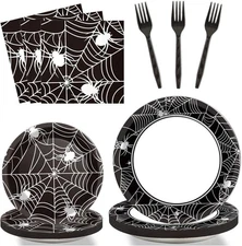 96 Pcs Halloween Party Paper Plates Napkins Supplies Set Spider Web Clear 