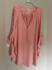 Free People Pink Ruffle Sleeve Button Side Mini Dress Tunic Sz L Coquette Boho