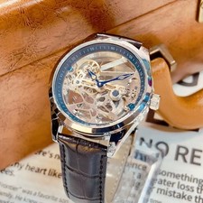 41mm Mens Skeleton Bridge Movement Automatic Mechanical Watch Black Leather