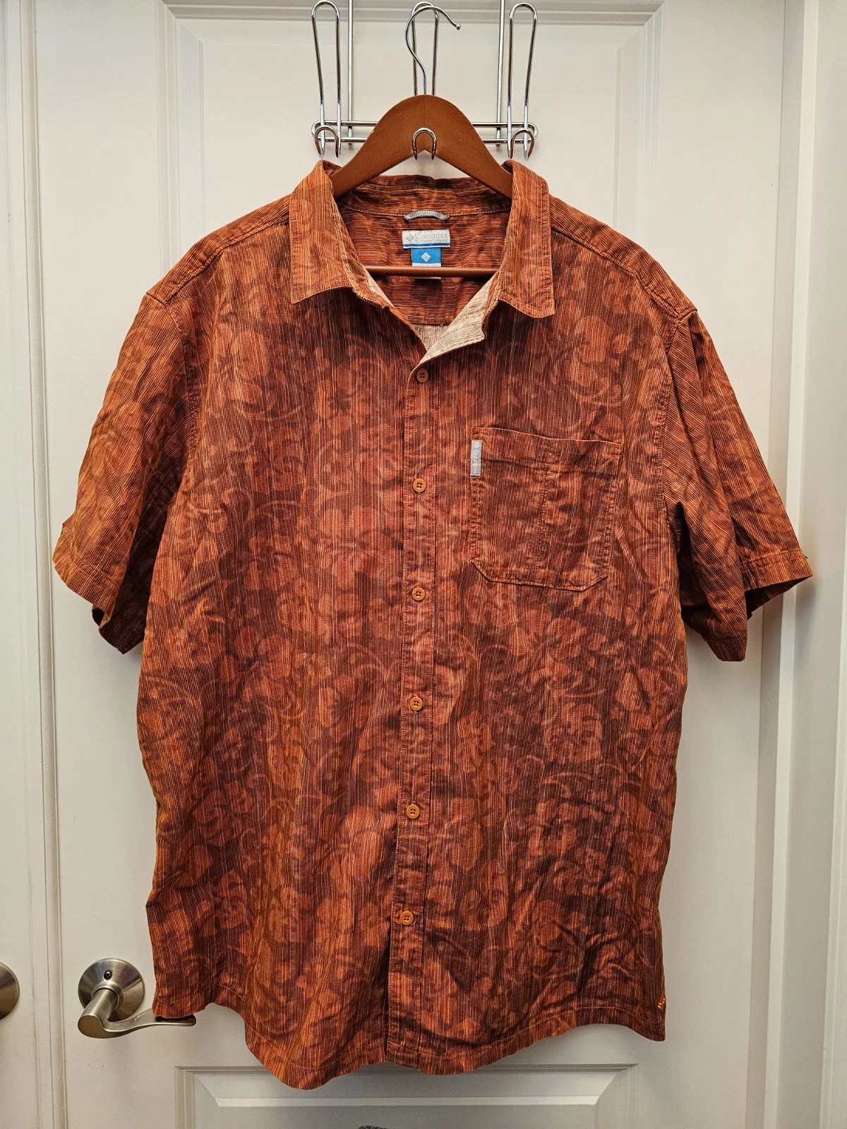 Columbia Shirt XXL Mens Rust Orange Floral Textured Plaid Short Sleeve Hawaiian