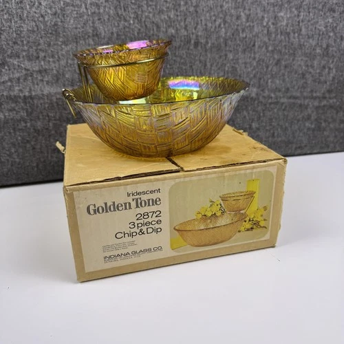 Vintage Indiana Glass Golden Tone Iridescent Carnival Chip Dip 3 Piece Bowl Set