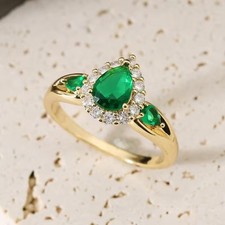 Pear Cut Simulated Green Emerald Pretty Wedding Band Ring 14k Yellow Gold Plated